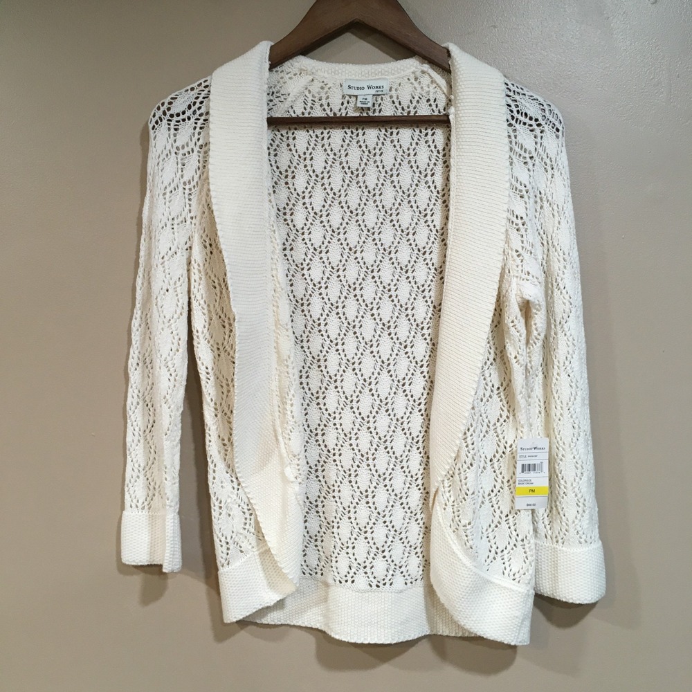 Crochet Lace Cardigan Womens Petite M Cream Coastal Grandma Cottage Boho Neutral